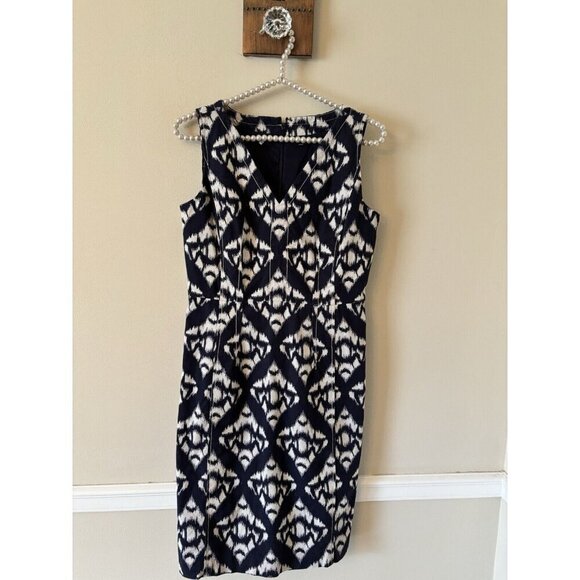 Talbots Womens Size 4 Blue White Ikat Print Sheath Dress Sleeveless Stretch - Picture 1 of 5